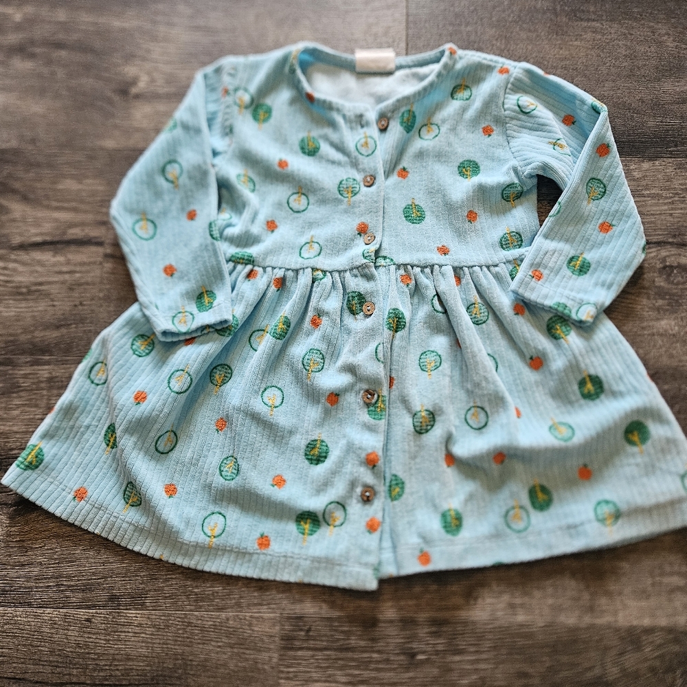 Blue Button-Up Dress with Orange and Green Pattern